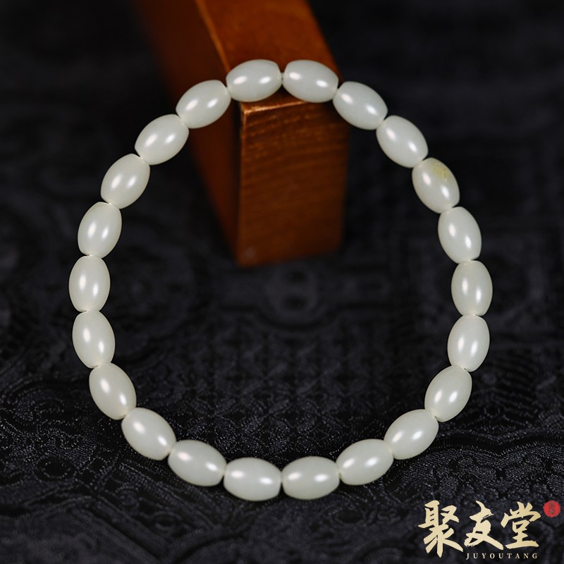 W120聚友堂王伟玉雕6*8mm新疆和田玉籽料白玉米珠手链手串839