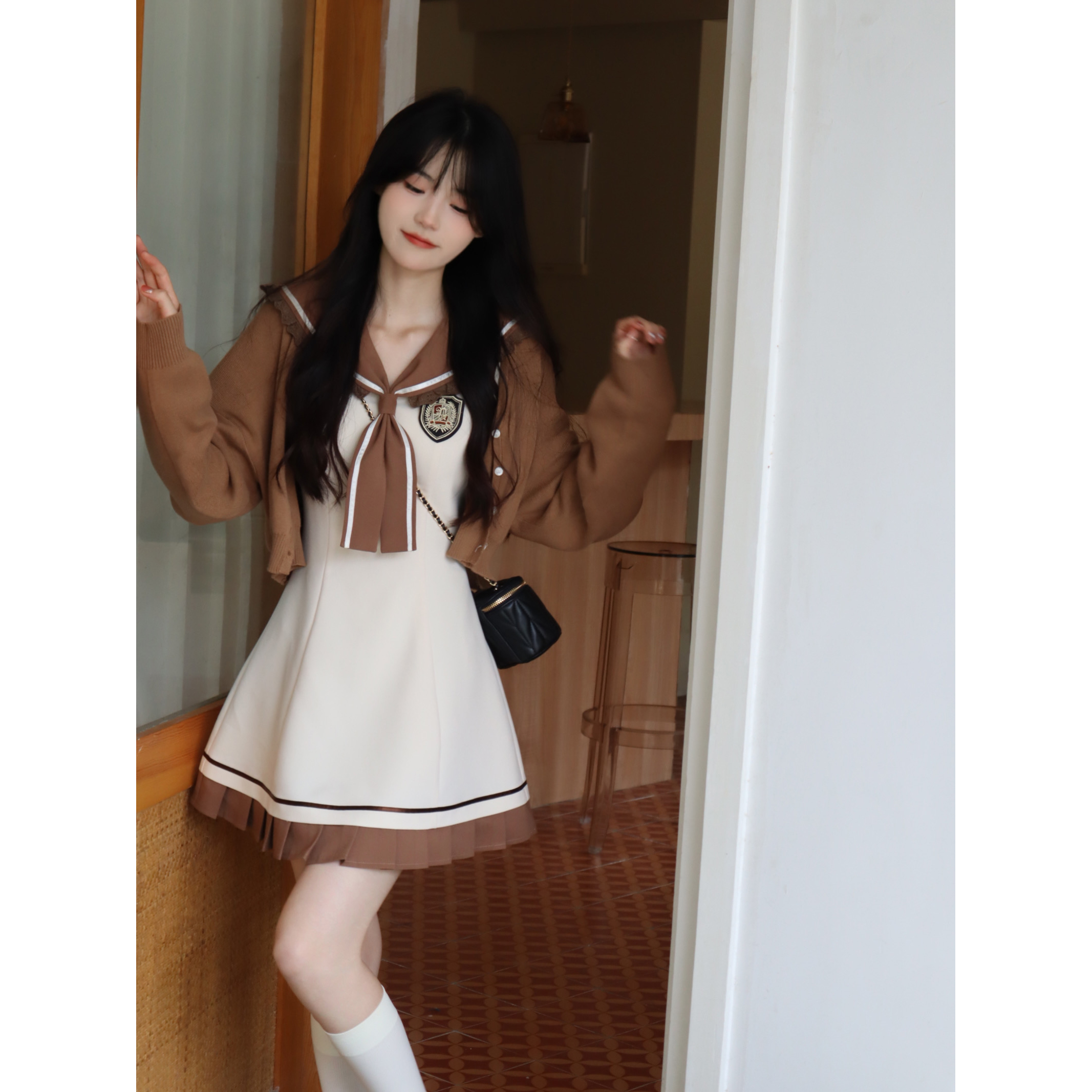 Blovelan初恋炽梗 减龄海军领学院风撞色花边显瘦连衣裙短裙秋款