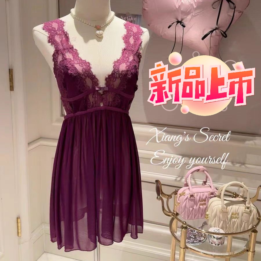 紫色睡裙内衣缎面蕾丝战袍魅惑吊带大码显瘦性感纯欲休闲家居服女