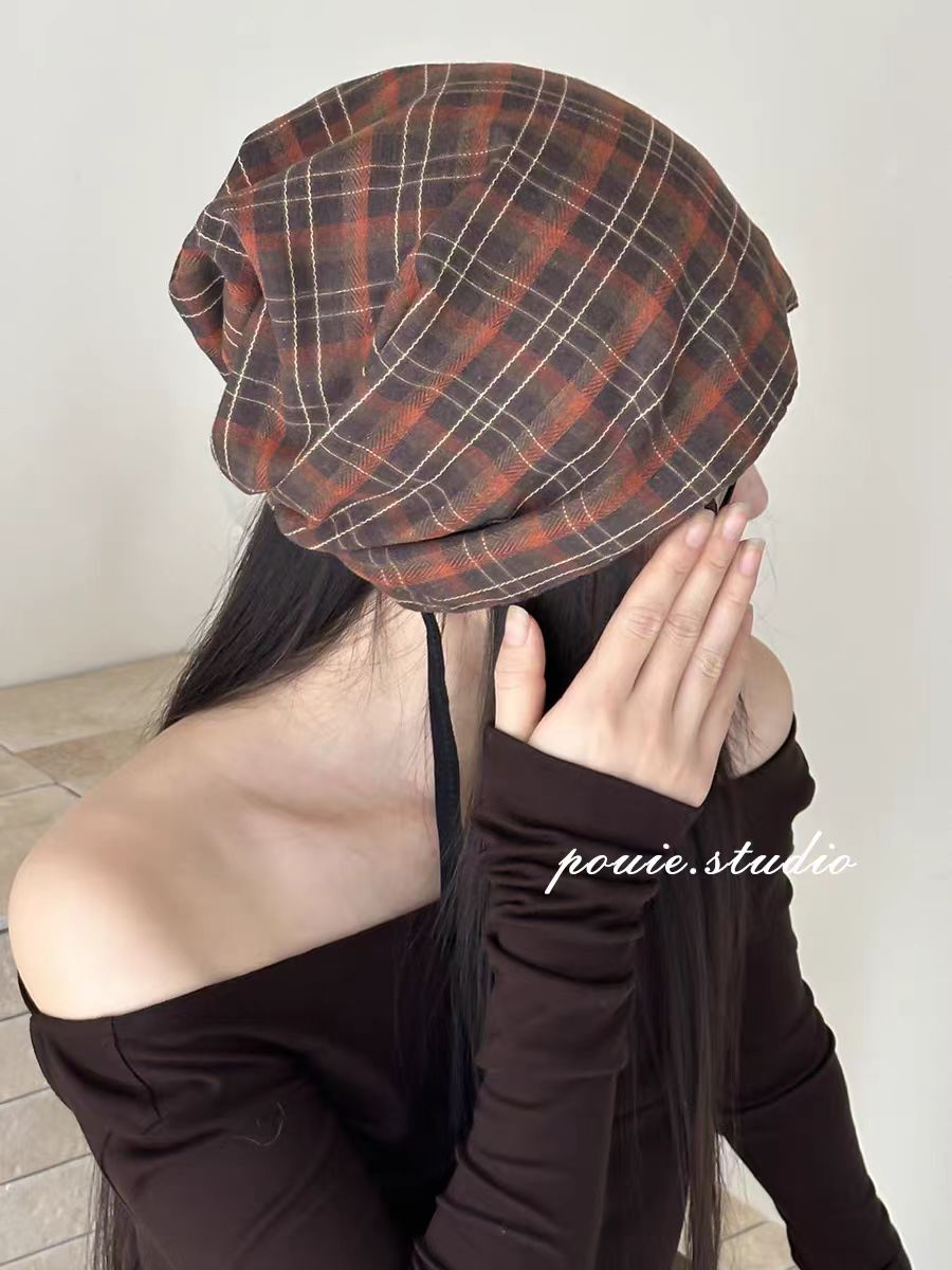 美式复古格子抽绳绑带包头帽女春秋新款街头时尚百搭显脸小套头帽