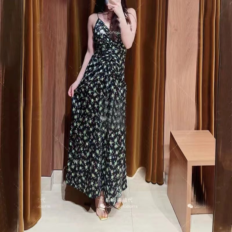 法式2025春季新款女装法式浪漫印花褶皱长款吊带连衣裙女-27