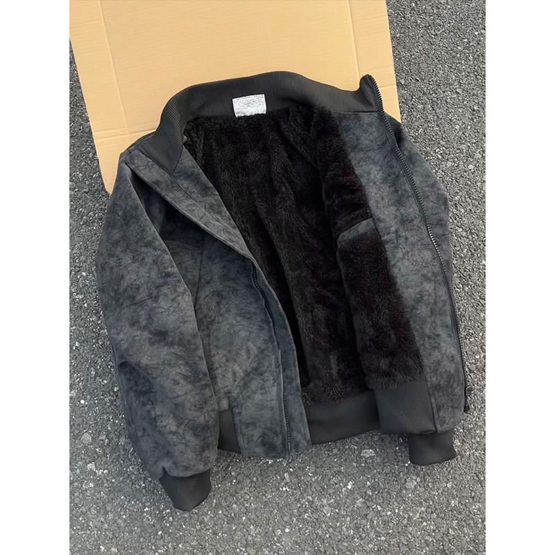 cheanfit扎染皮衣夹克棉服男女冬加绒加厚保暖棉衣美式短款厚外套