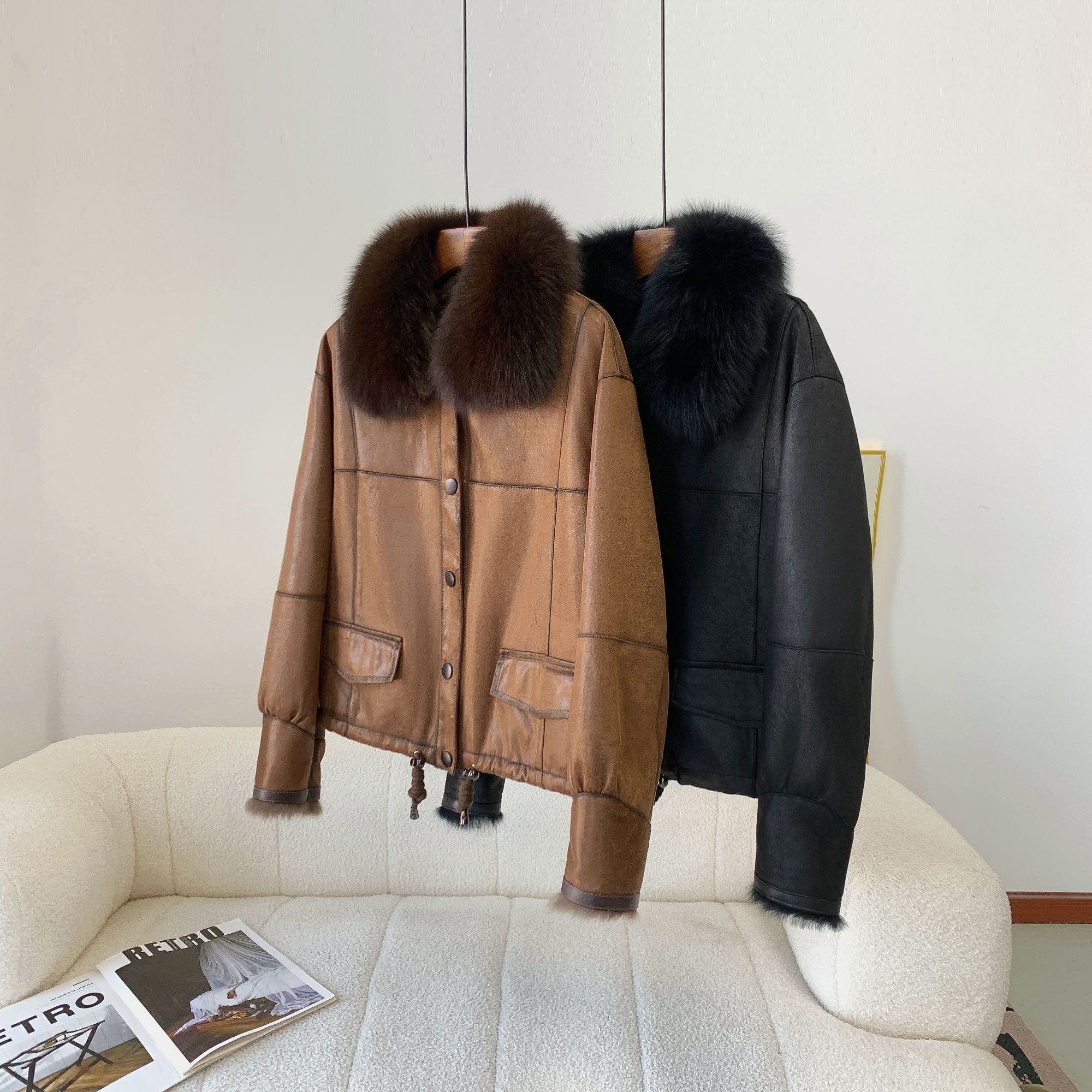 2025冬季新品时尚洋气狐狸毛领兔毛皮毛一体女短款外套