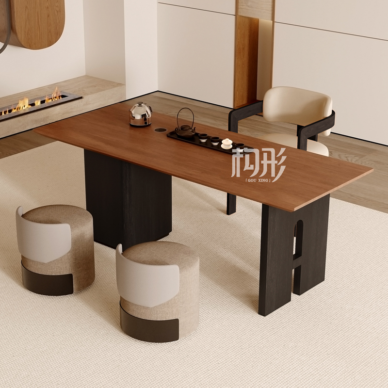 中古风实木阳台茶桌家用书桌现代高级感大板桌樱桃木泡茶桌椅组合