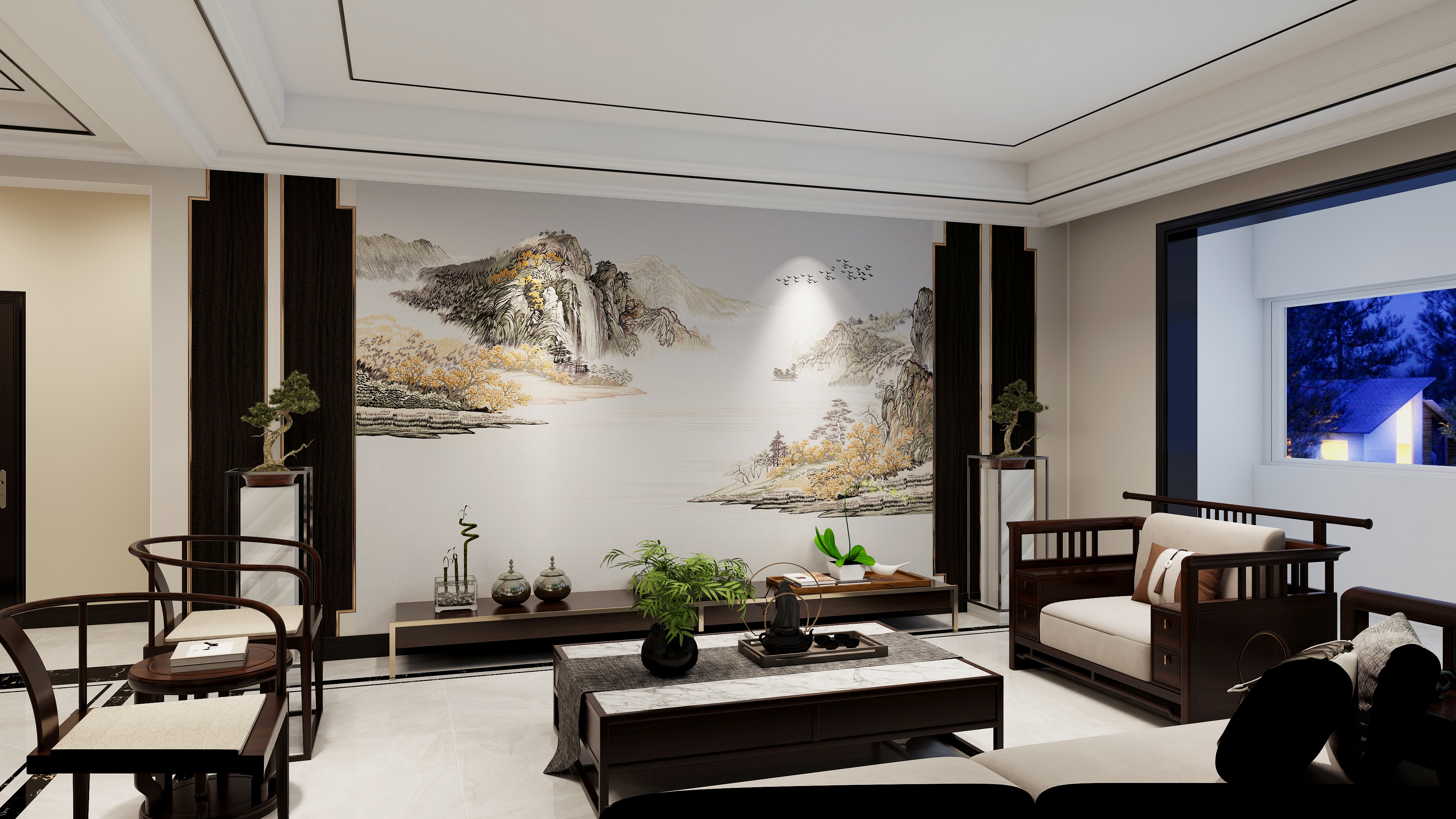 独秀三娃飘渺云川新中式高端刺绣定制沙发背景墙布加厚超级三防