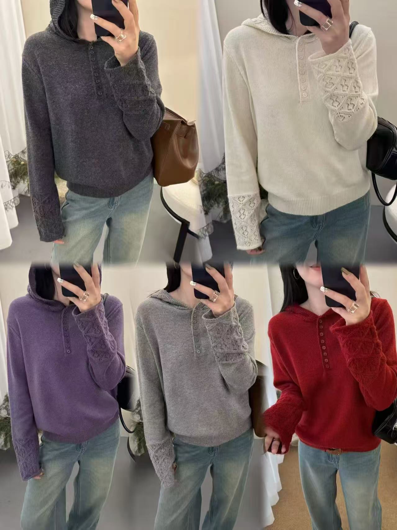 秋冬新款镂空钩花连帽针织半开扣毛衣5539