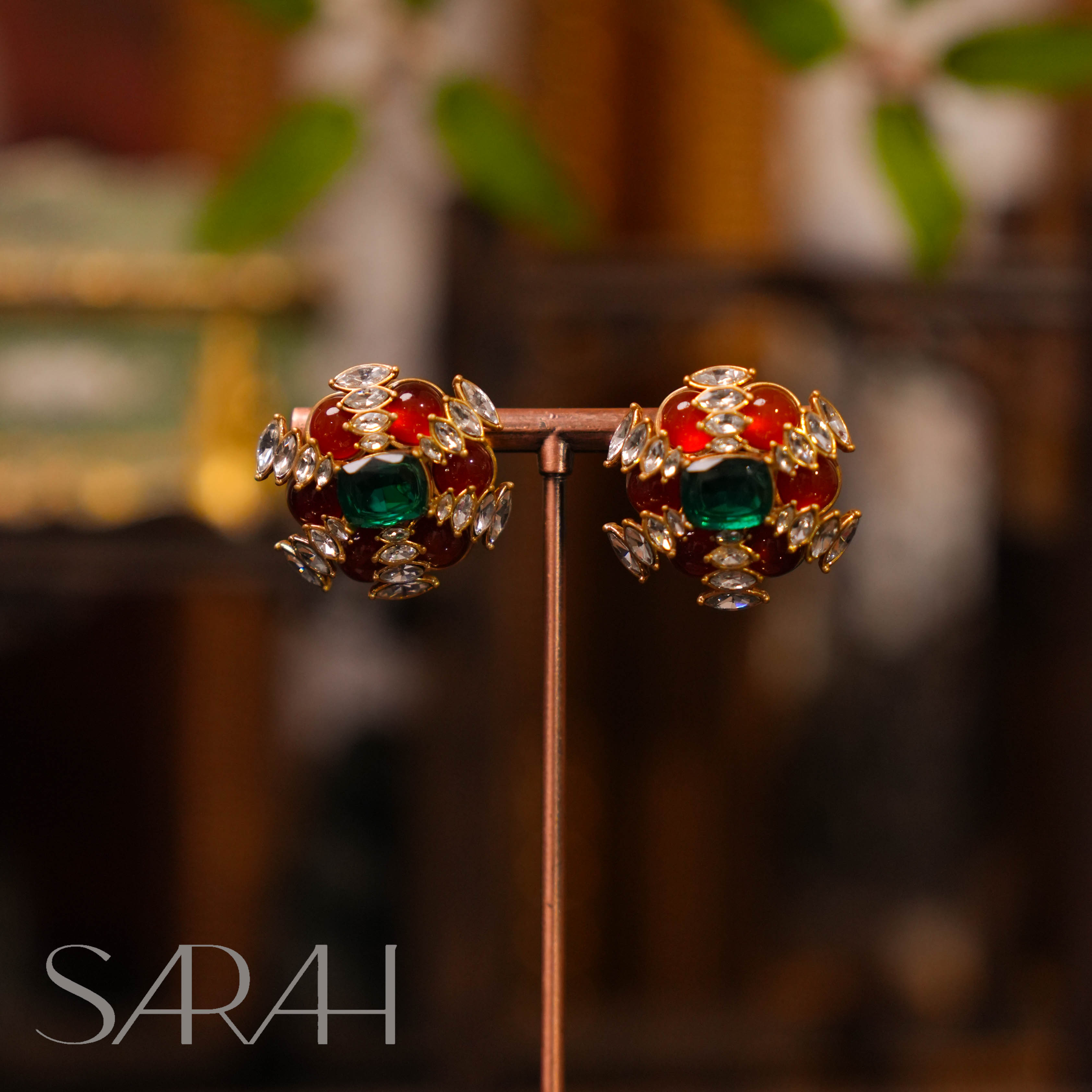 纯铜琉璃耳饰 DearLisa.精工系列 复古红绿色糖果色琉璃镶钻 耳钉