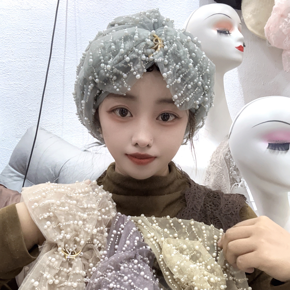 民族风包头帽珍珠蕾丝百搭包头帽子