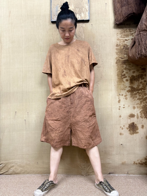植物染色柿染短裤（裤长60厘米）