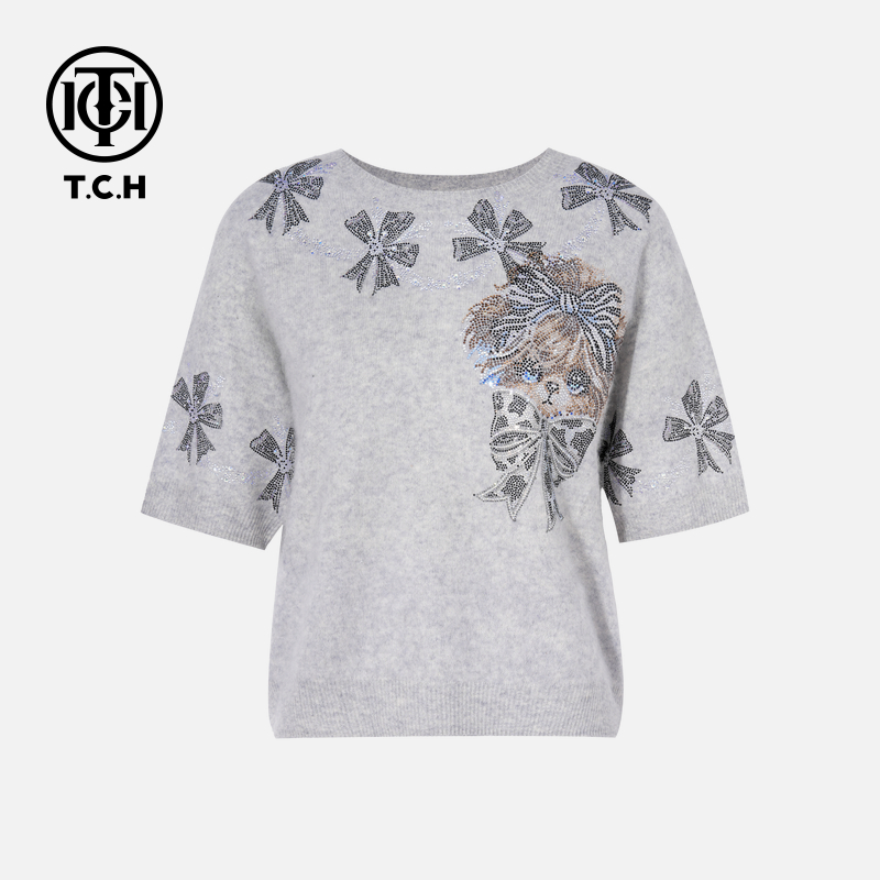 TCH私服烫钻工艺时尚休闲萌熊蝴蝶结针织T恤女T75C09E5060轻奢tch