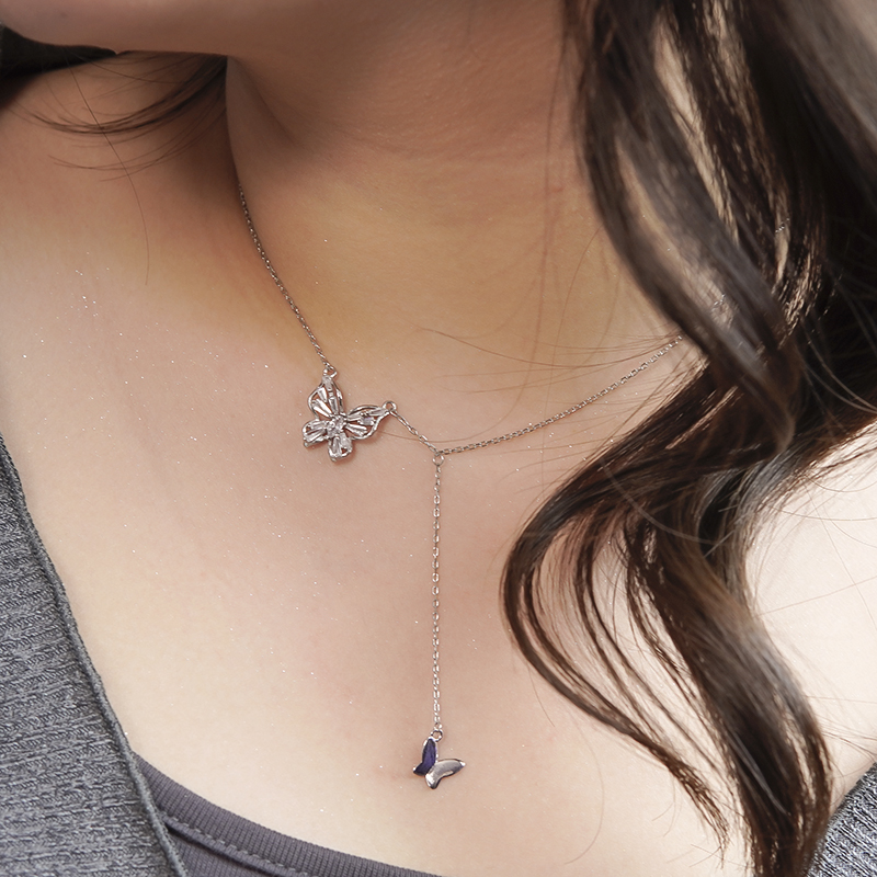 坠链均925银 【比翼双双】蝴蝶双双飞舞镶嵌满钻925银套链--YS40616