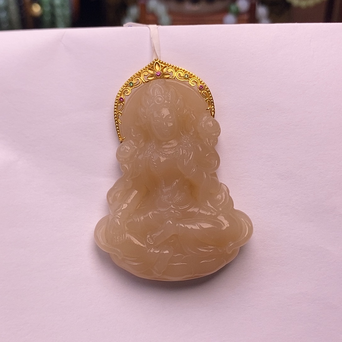 和田玉未镶嵌颈饰精品天花板红藕粉镯心料度母金镶