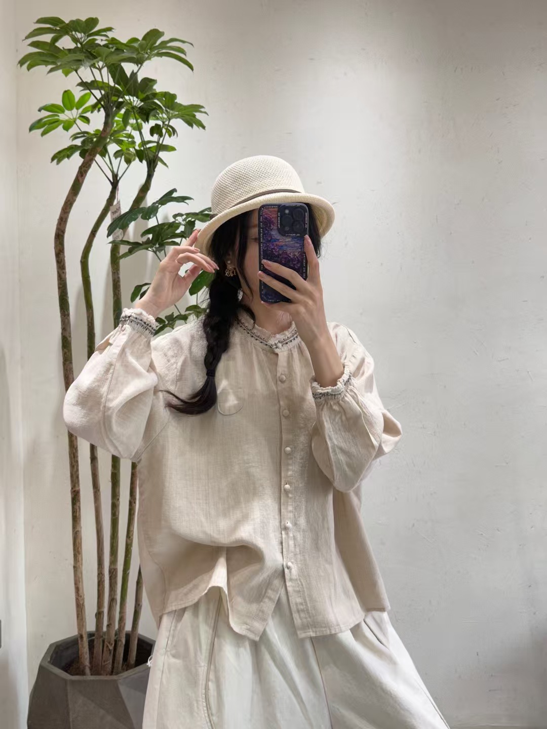 春秋新款苎麻天丝木耳边长袖百搭衬衫