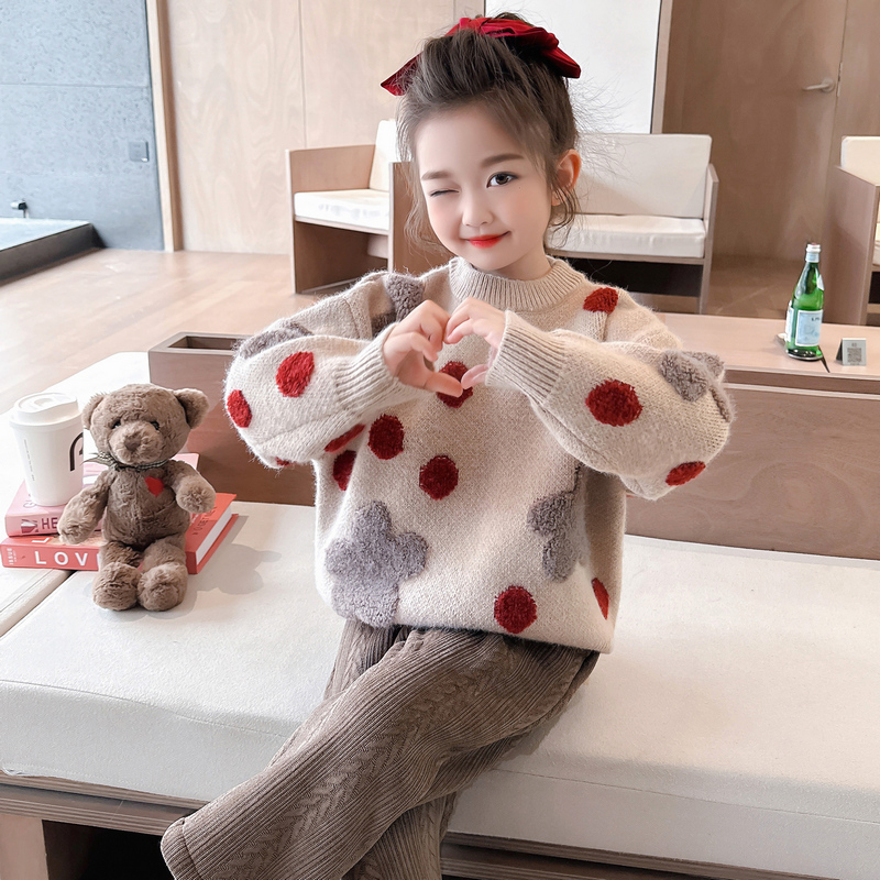 2025秋季新款长袖波点圆领毛衣女童圆点针织衫女宝撞色图案洋气
