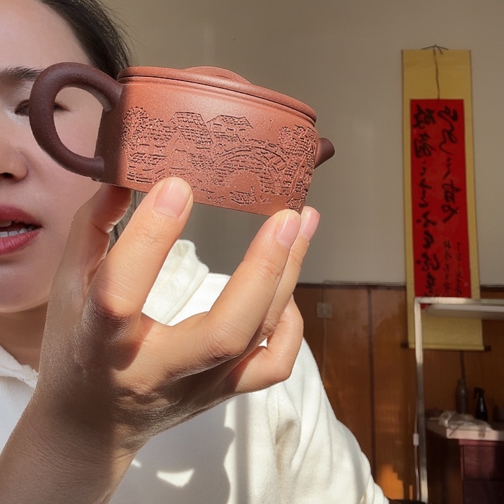 茶壶紫砂紫泥刻绘汉瓦150