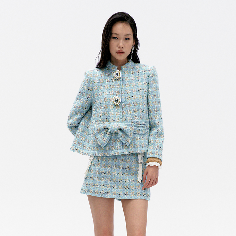 【陈大可专属】LE FAME/拉飞姆蓝白格金绞花拼接蝴蝶结粗花呢外套