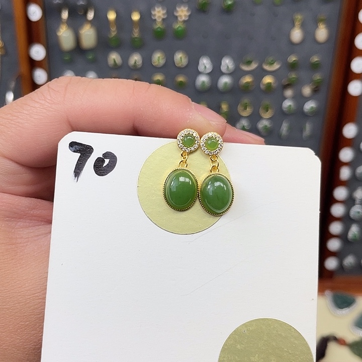 和田玉（碧玉）耳饰银S925镶嵌和田玉70