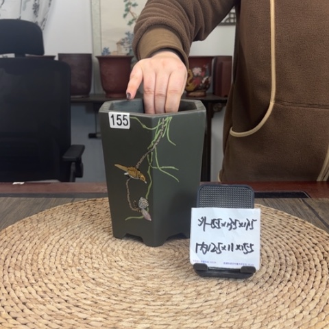 紫砂花盆纯料墨绿泥六方手绘155