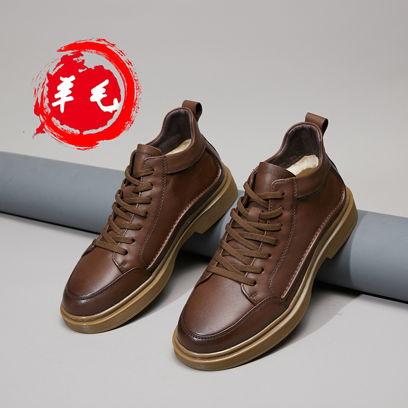 头层牛皮 百搭加绒雪地靴真皮亮面光面休闲系带加绒保暖羊毛靴