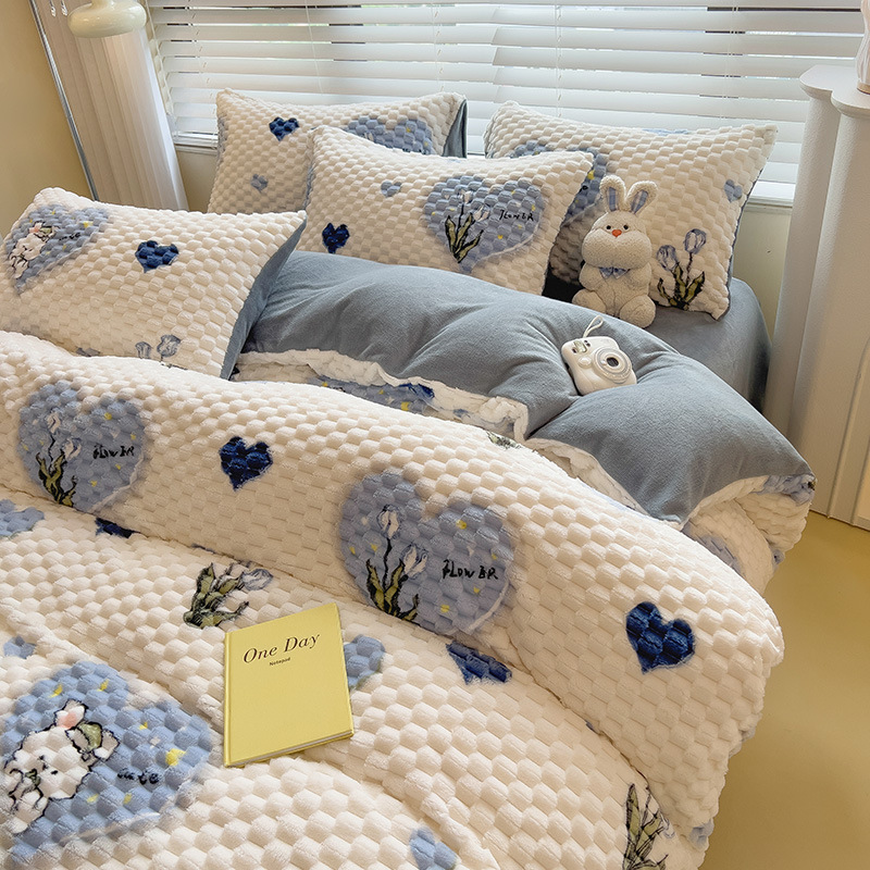 舒适母婴级卡通豆豆绒被套四件套超厚保暖学生宿舍三件套牛奶绒