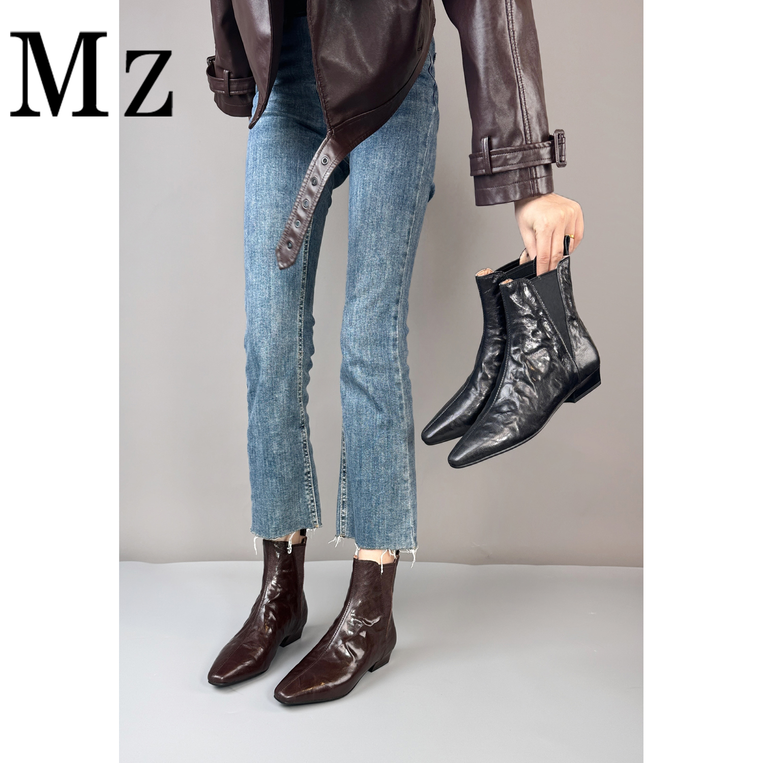 Mr.Zheng/2.5cm/复古百搭真皮短靴女尖头切尔西靴子秋冬休闲女靴