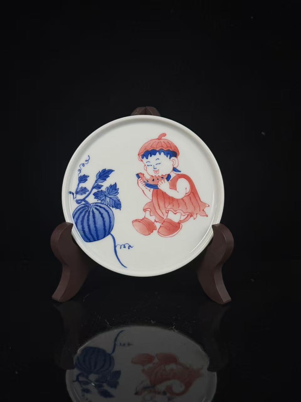 復见  预售  孩子吃瓜青花釉里红盖置  8061