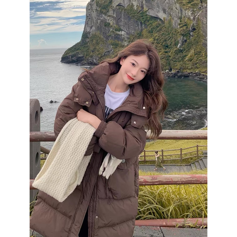 【手套】长款女显瘦秋冬收腰女装厚款连帽中长款百搭羽绒服加厚纯色