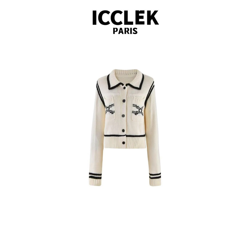 ICCLEK 翻领黑白撞色长袖针织衫 气质 轻奢 名媛 -3558