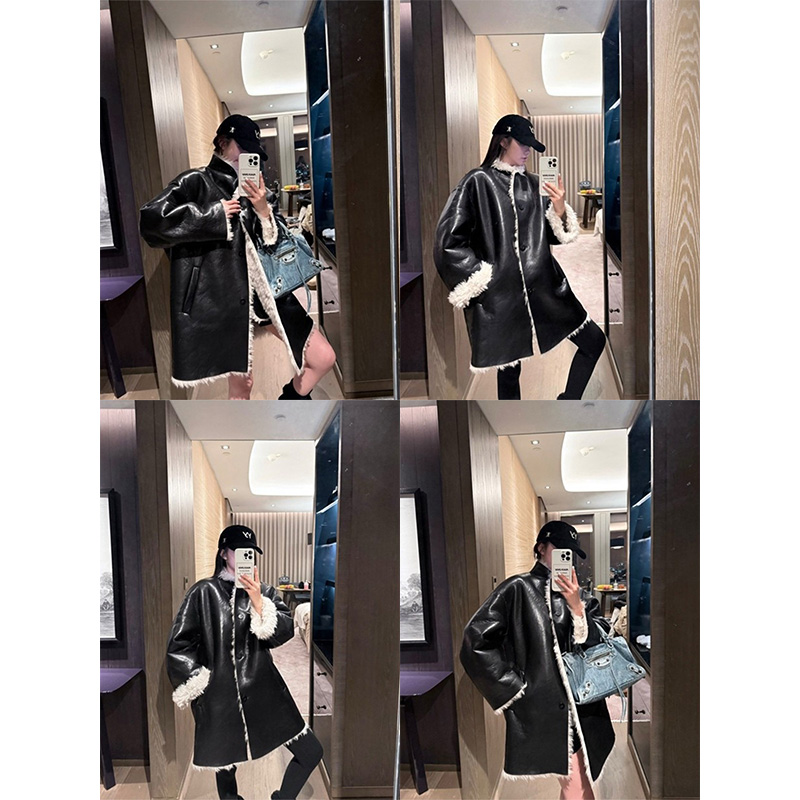 《复古腔调》环保仿羊羔毛水洗蛋白PU皮系扣立领高级感中长款外套