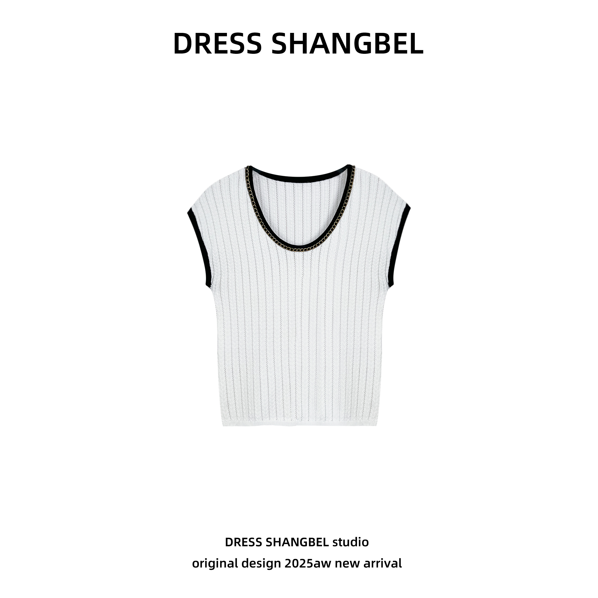 DRESS-夏新款款C2撞色链条U型领镂空T恤薄款条纹飞袖8741