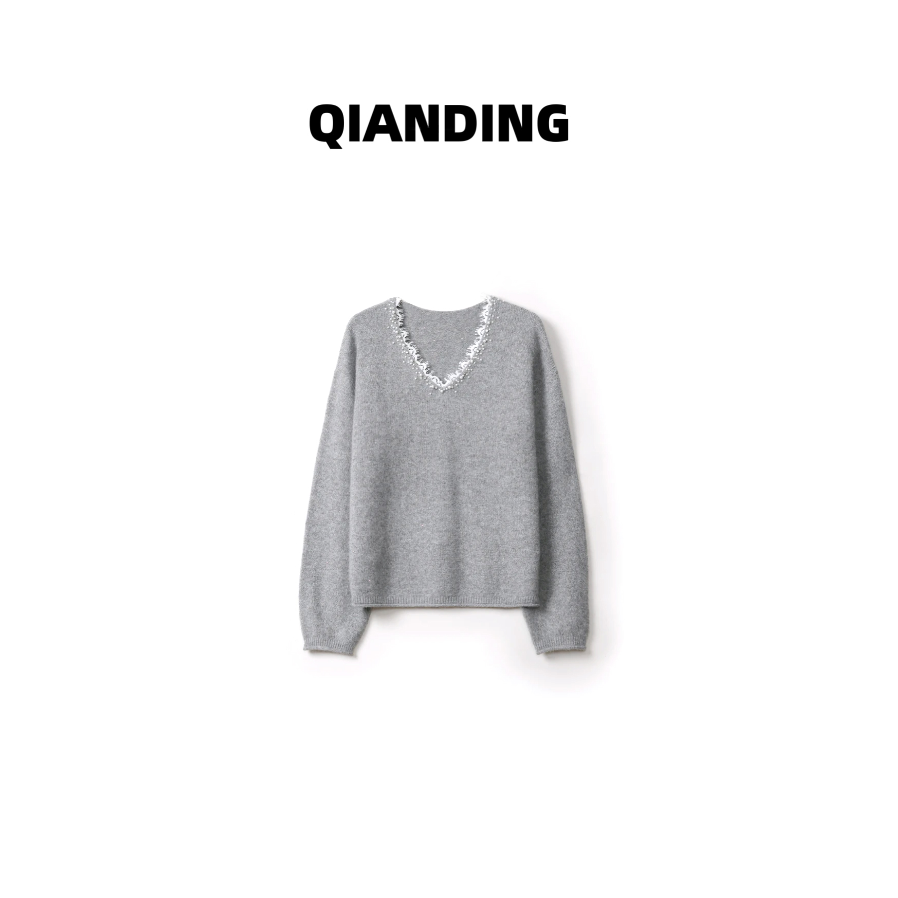 【QIANDING】【珠花星海（无缝一体）】超细美利奴绵羊毛蕾丝毛衣F443