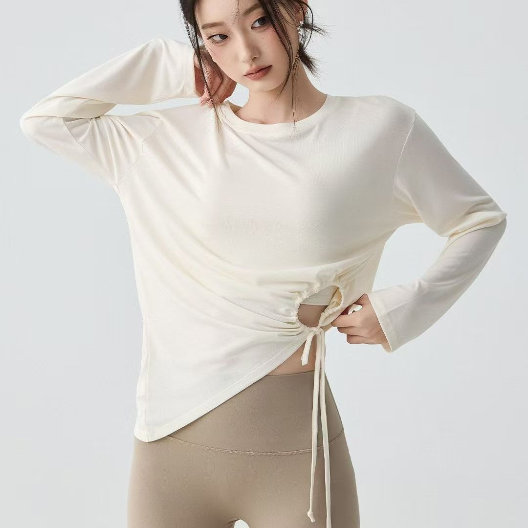 [卖了1万件-侧抽绳镂空宽松莫代尔透气瑜伽罩衫]运动普拉提长袖