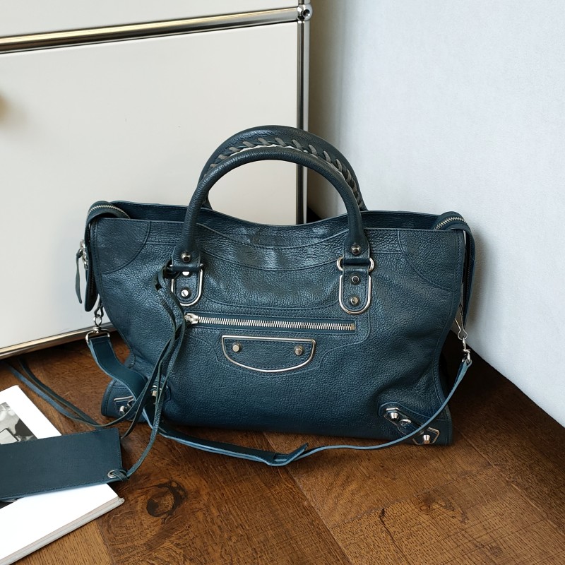 95新 Balenciaga/巴黎世家 Azul靛蓝色羊皮机车中号单肩包/52884
