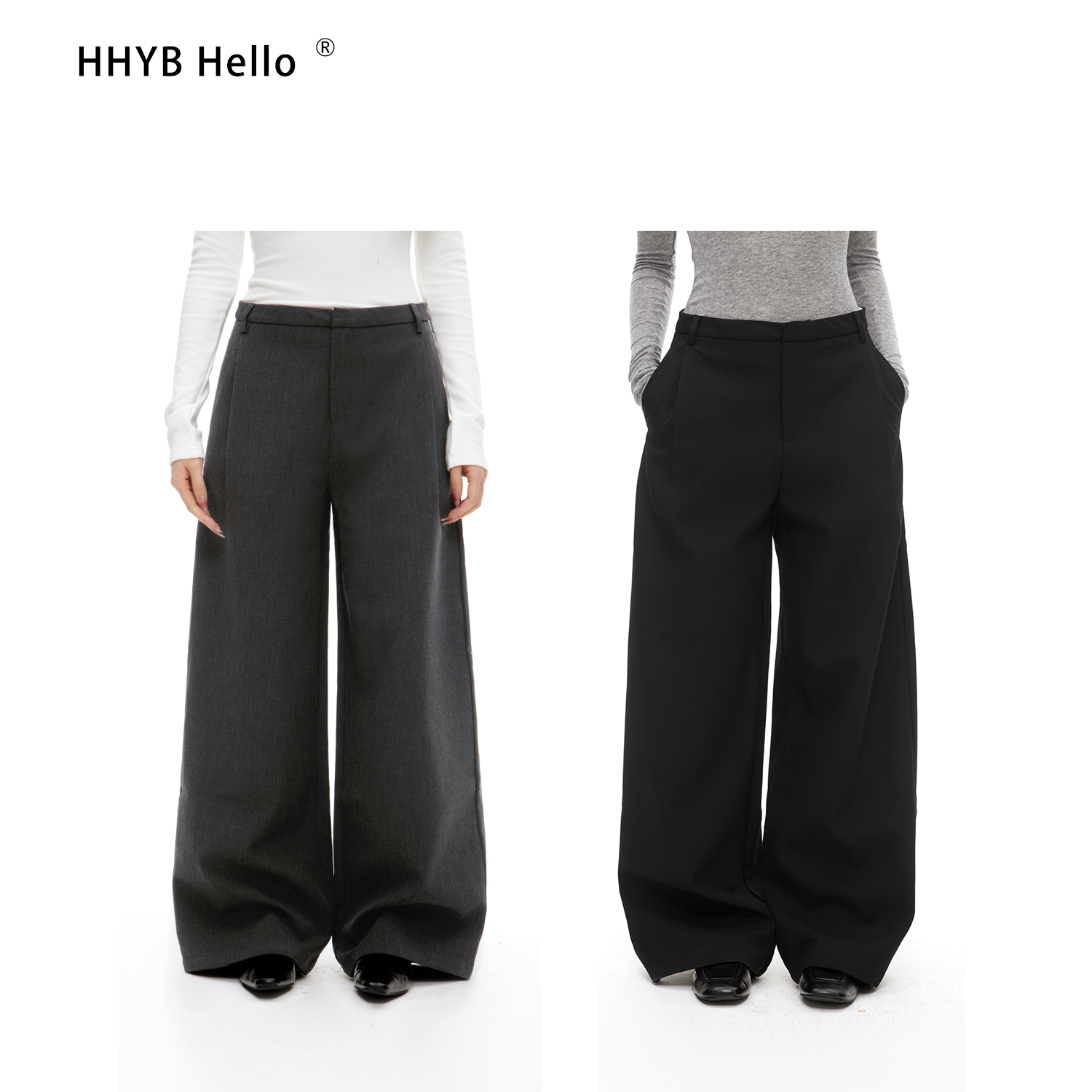 HHYB Hello2025新款纯色宽松西装休闲裤阔腿裤长裤Q254043