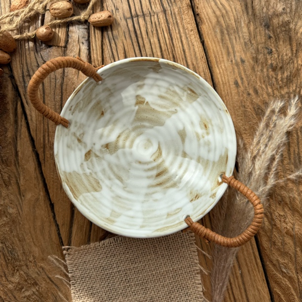 流云双耳一人食精致陶瓷菜盘釉下彩复古风6英寸麻绳小提篮