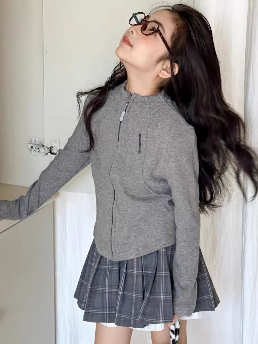 K401 女童秋季纯色千金风LU风洋气拉链外套极简亲子装上衣