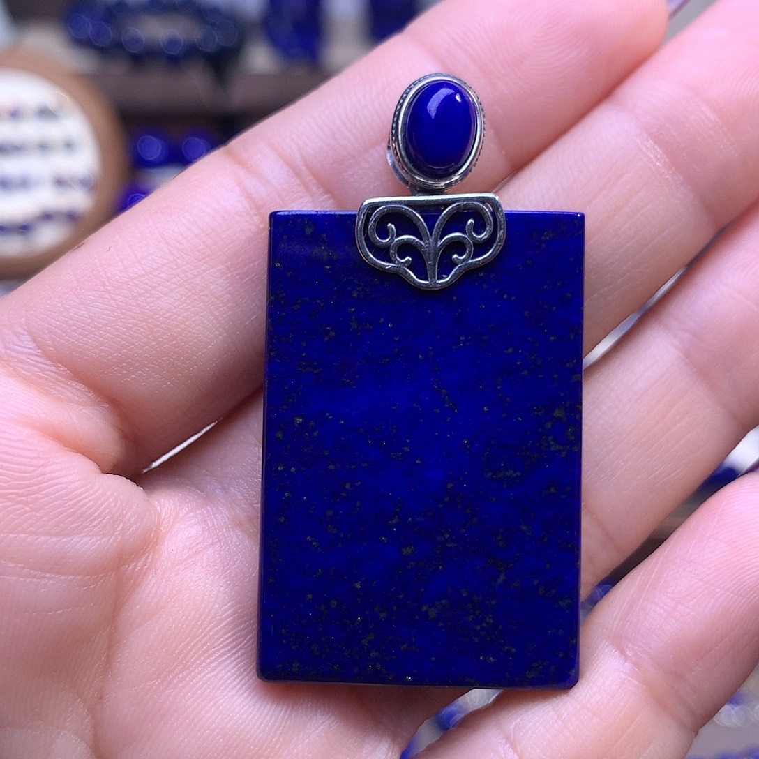 青金石银S925镶嵌吊坠42m