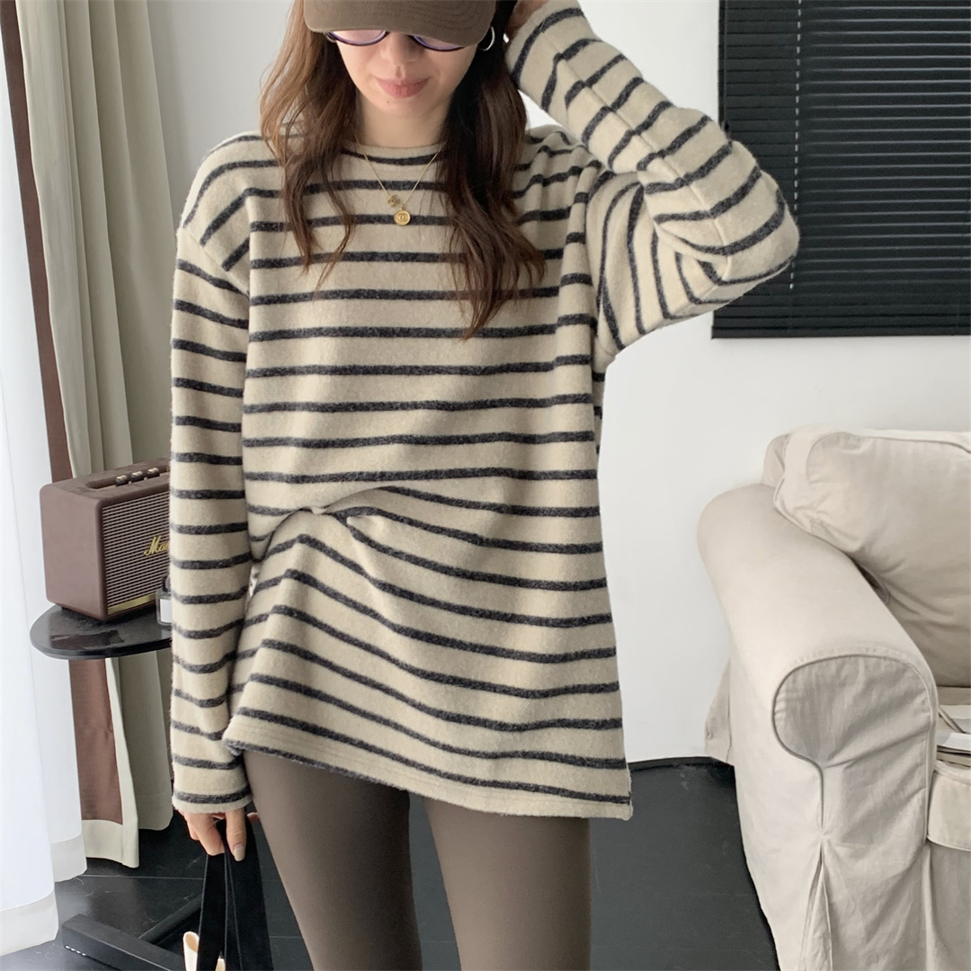 OYE2025秋冬新款撞色条纹打底衫宽松休闲加厚保暖内搭长袖T恤上衣