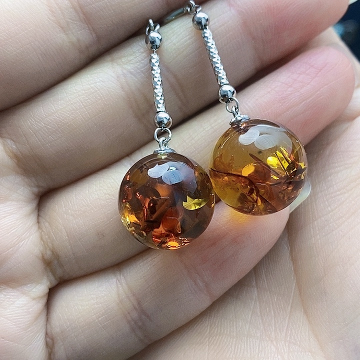 琥珀裸石银S925镶嵌耳坠