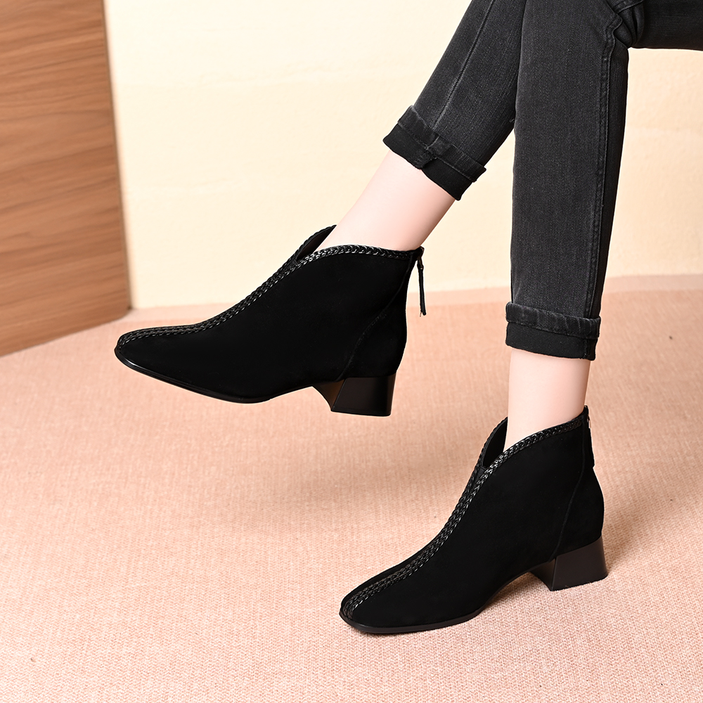 真皮羊皮法式方头短靴女编织装饰中粗跟磨砂后拉链百搭时装靴女靴