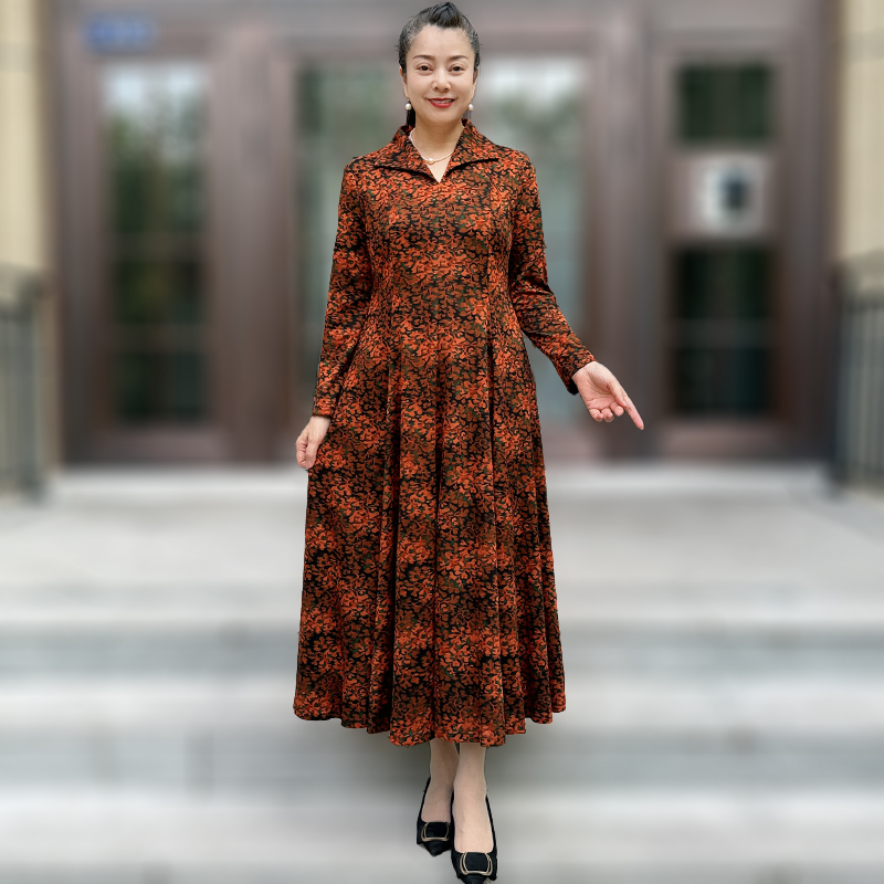 秋季新款翻领印花长袖弹力连衣裙中年贵妇人减龄妈妈装显瘦大摆裙