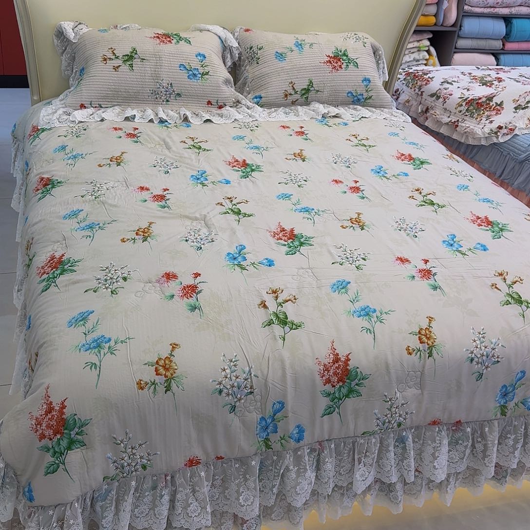 棉花花满屋米灰色四件套莫代尔蕾丝边