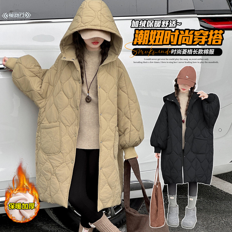 女童中大童冬季韩范时髦洋气加绒加厚长款过膝连帽中长款棉服外套