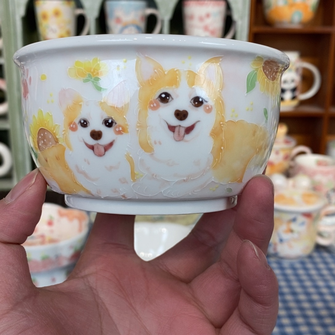 瓷片向日葵柯基米饭碗