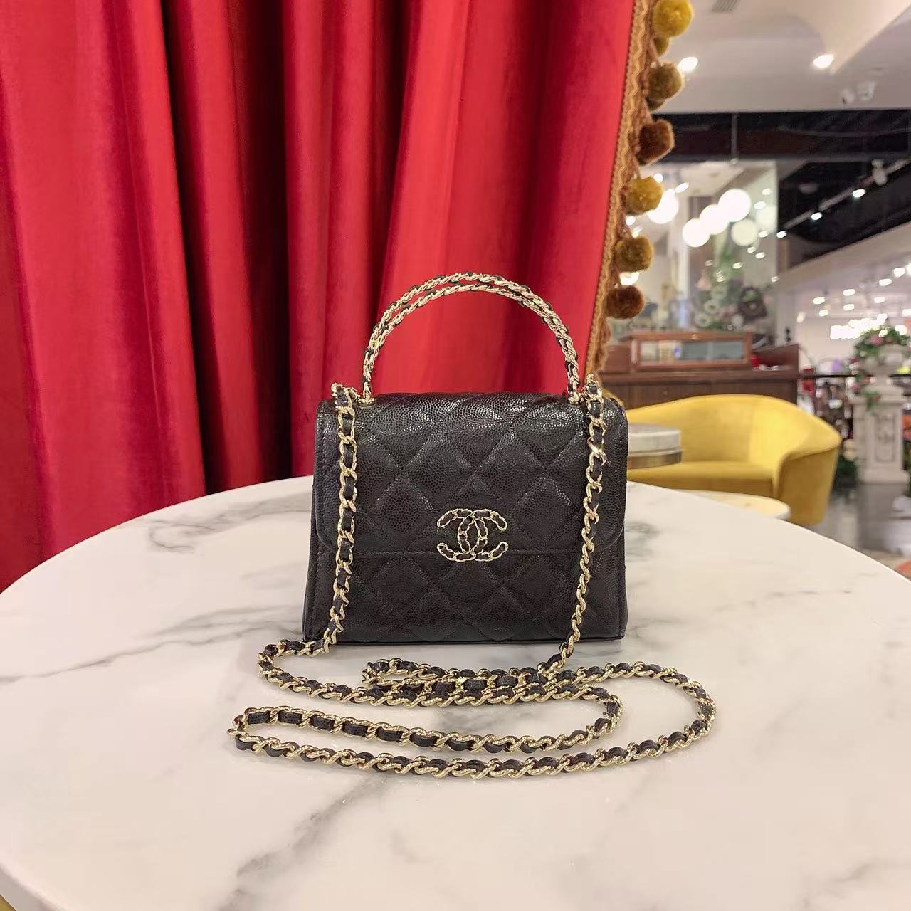 95新 Chanel/香奈儿 25s Kelly中号黑金荔枝皮芯片款/18421503
