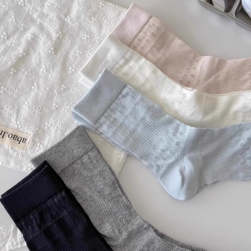 奶油系韩版春夏镂空小花薄款透气小清新甜美百搭中筒学院风堆堆袜