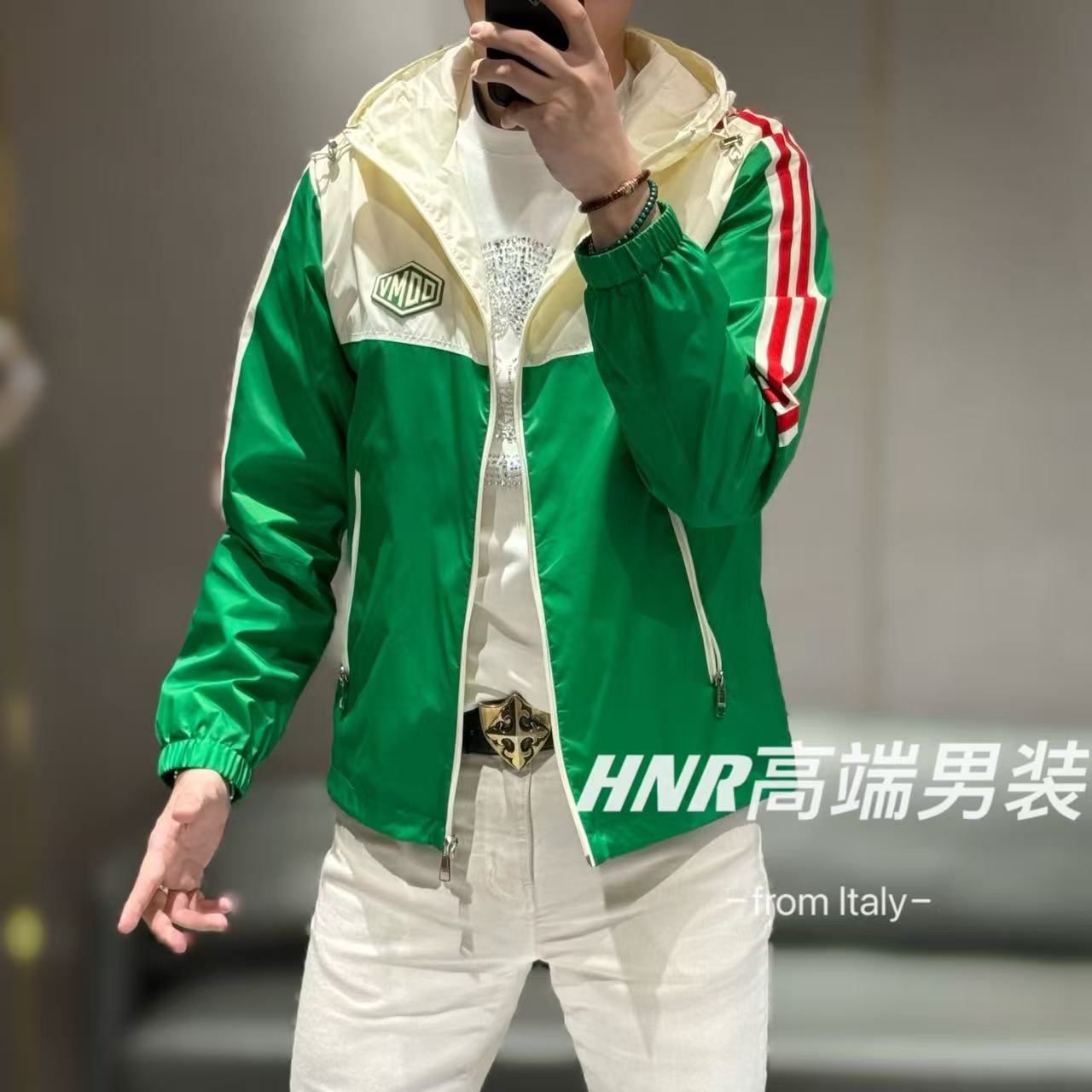 春季新品手工织带点缀上下拼色拉链连帽休闲男士夹克8270