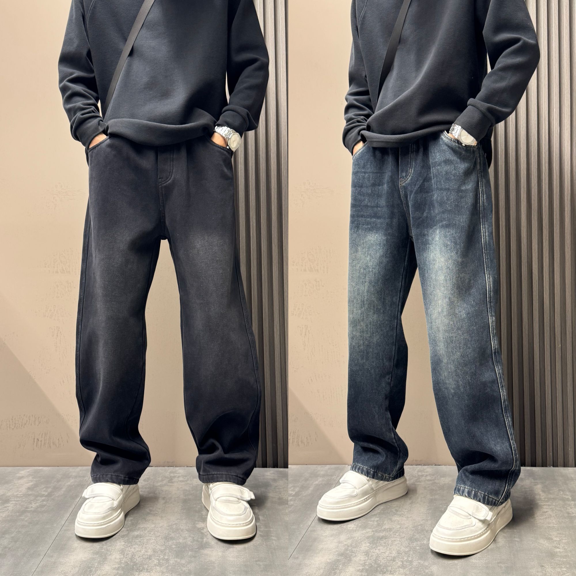 秋冬弯刀宽松美式水洗加绒牛仔裤松紧腰百搭简约痞帅高级感长裤男