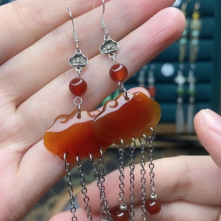 石英质玉耳钉银S925镶嵌