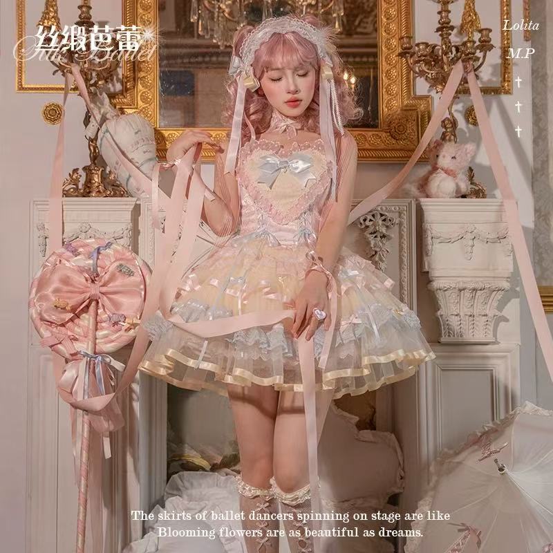 花与珍珠匣丝缎芭蕾爱心狗短jsk原创设计Lolita